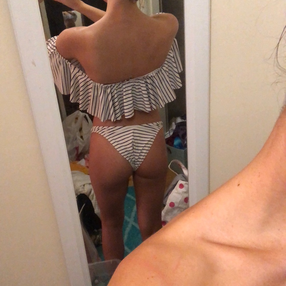 White and navy striped bikini